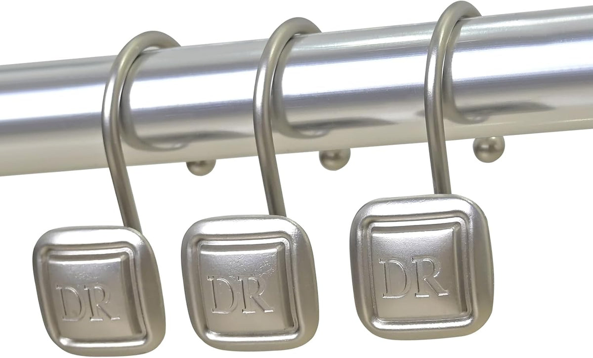 DR Monogram Shower Curtain Hooks, Set of 12, Smooth-Glide Curved Metal Hooks, Heavy-Duty Stainless Steel & Zinc Alloy, Electroplated Finish, Fits Most Standard Shower Rods (Nickel)