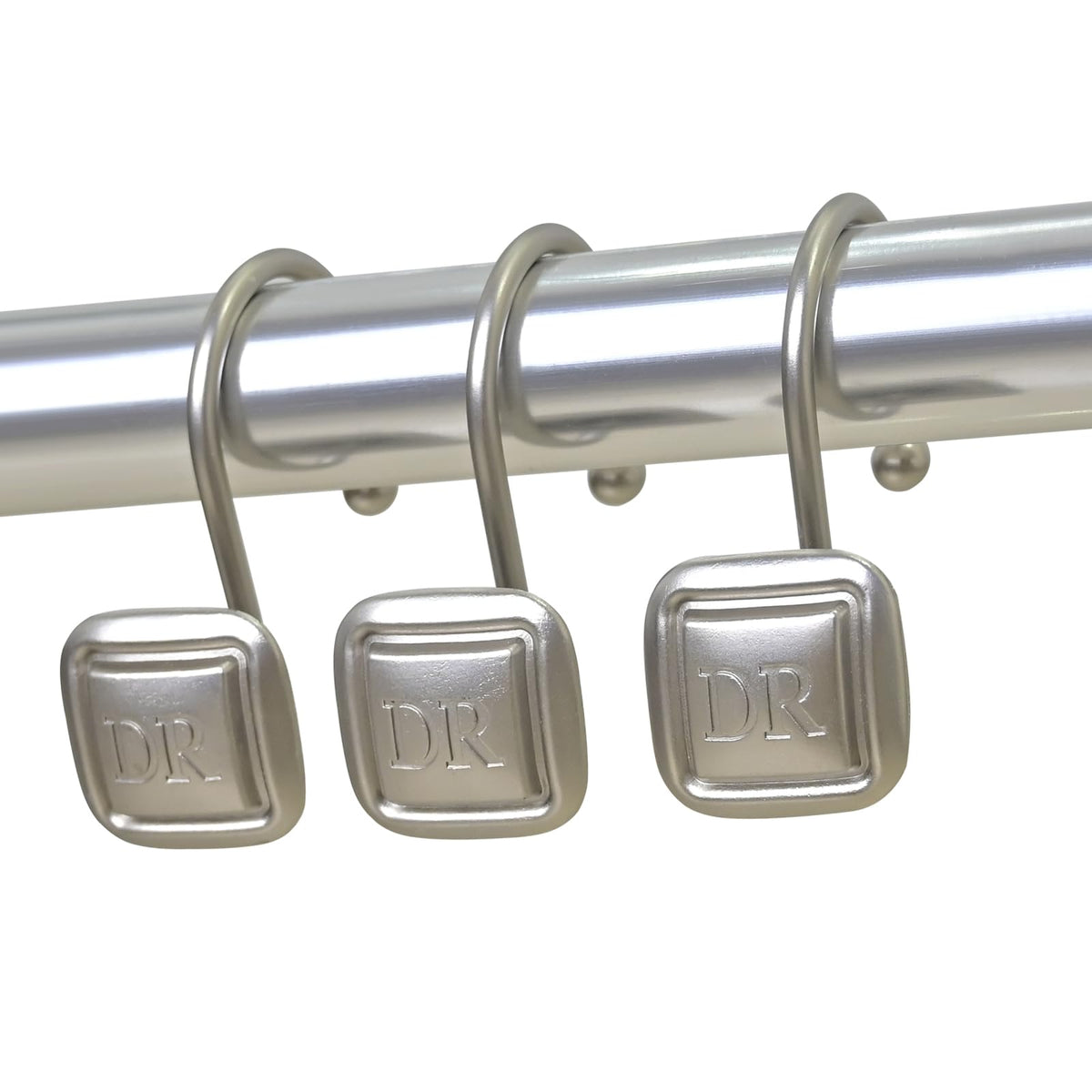 DR Monogram Shower Curtain Hooks, Set of 12, Smooth-Glide Curved Metal Hooks, Heavy-Duty Stainless Steel & Zinc Alloy, Electroplated Finish, Fits Most Standard Shower Rods (Nickel)