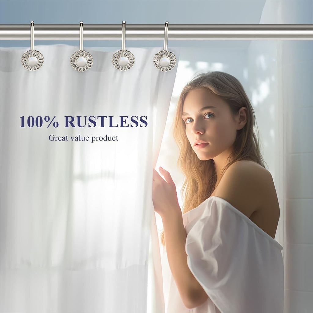 Nickel Shower Curtain Hooks Rings, Decorative Shower Curtain Hangers, Heavy Duty Metal Shower Rings, Sunflower Shower Hooks for Shower Curtain Rod and Liner, Bathroom Curtain Hooks, Set of 12