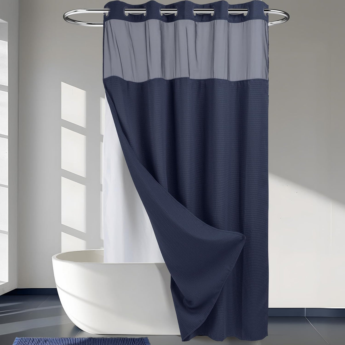 River Dream Waffle No Hook Shower Curtain with Liner,Navy Blue,71x74