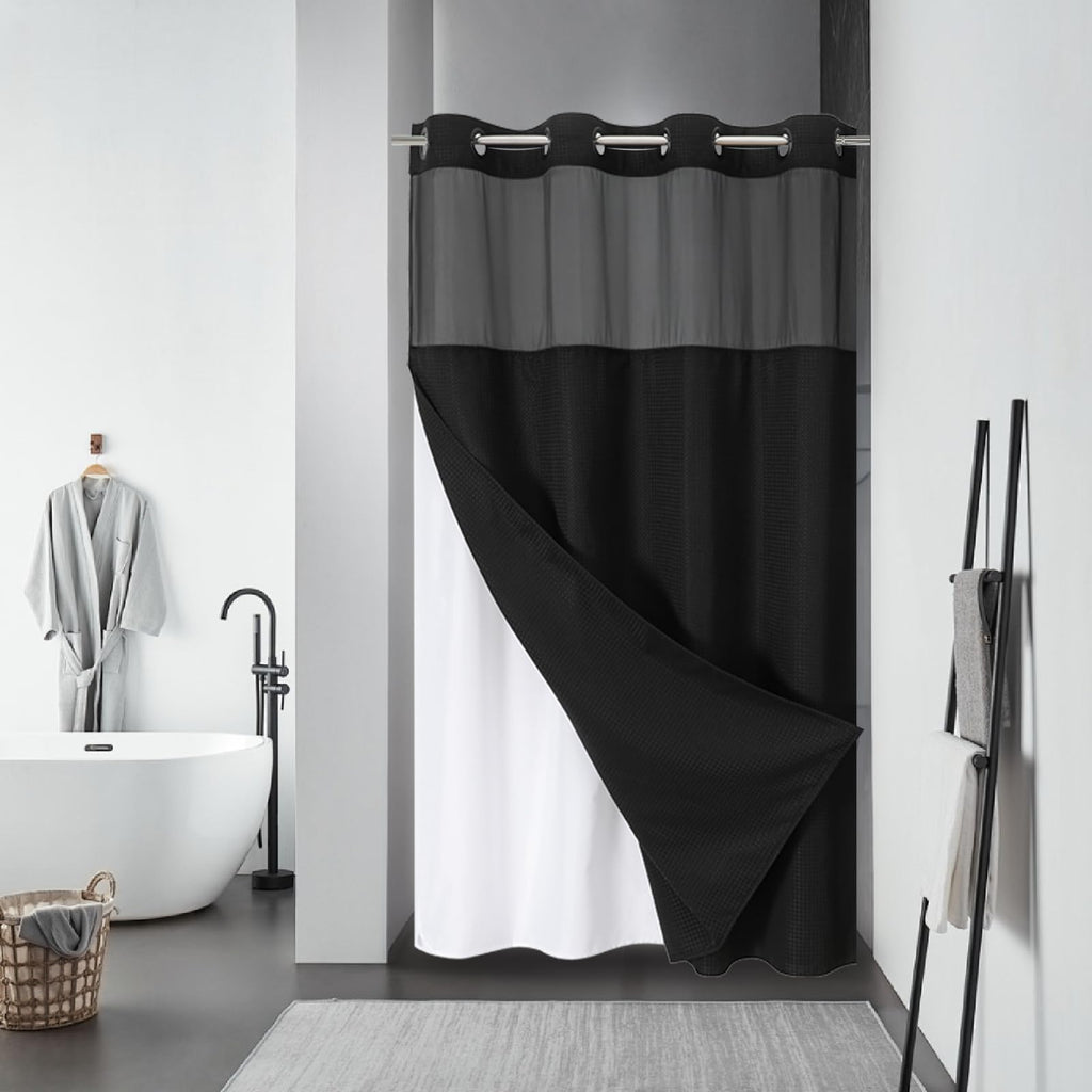 eachope No Hook Waffle Shower Curtain with Snap-in Liner, 71x74 Inch, White