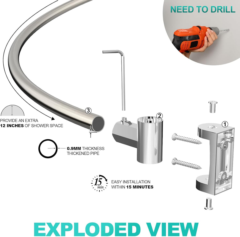 Curved Shower Curtain Rod For Bathroom, 38-72 Inches Adjustable, Nickel