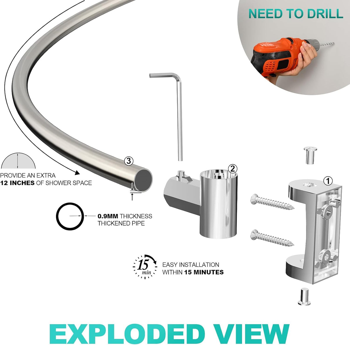 Curved Shower Curtain Rod For Bathroom, 38-72 Inches Adjustable, Nickel