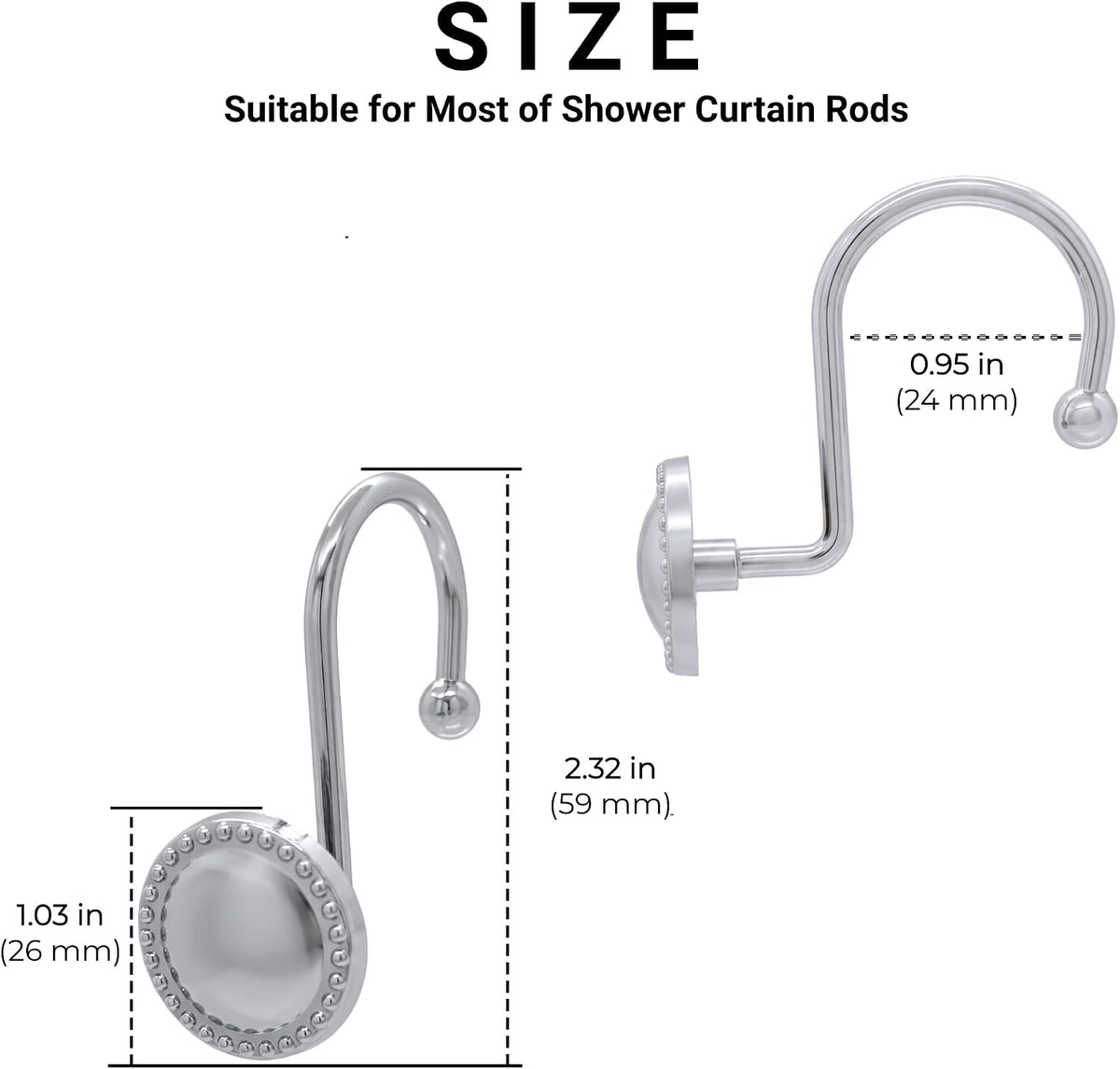 Shower Curtain Hooks,Rust-Resistant Decorative Rings,12-Pack,Chrome