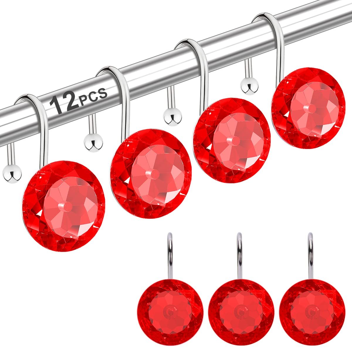 12PCS Shower Curtain Hooks Rings for Bathroom, Stainless Steel Metal Crystal Rhinestones Bling Rust Proof Shower Curtain Rings Hangers for Shower Curtain Decorative, Round Heavy Duty Hooks (Clear)