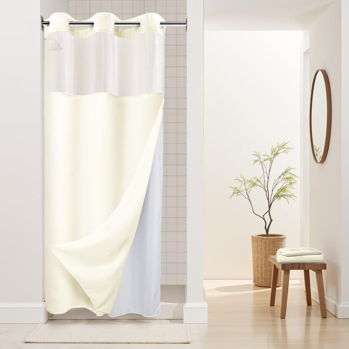 River Dream Heavyweight Waffle No Hook Shower Curtain with Liner,Gray,71x74