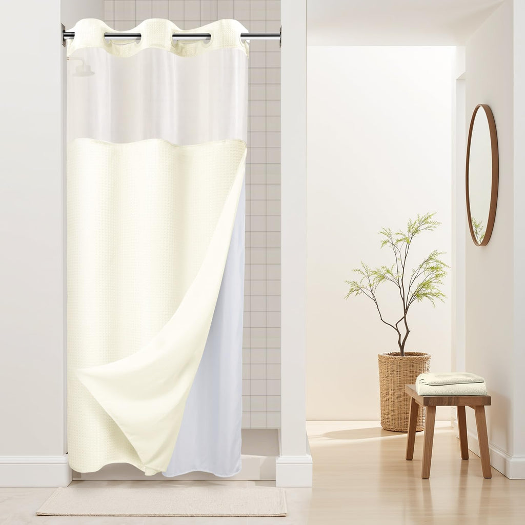 RiverDream Heavyweight Waffle No Hook Shower Curtain with Liner,White,71x74