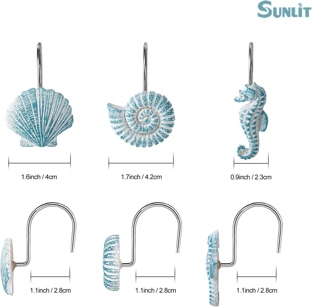 Sunlit Seashells Decorative Shower Curtain Hooks, Aqua Blue Ocean Creatures Coastal Shower Curtain Rings, Resin, Nautical Bathroom Decoration Beach Hooks-12 Pack