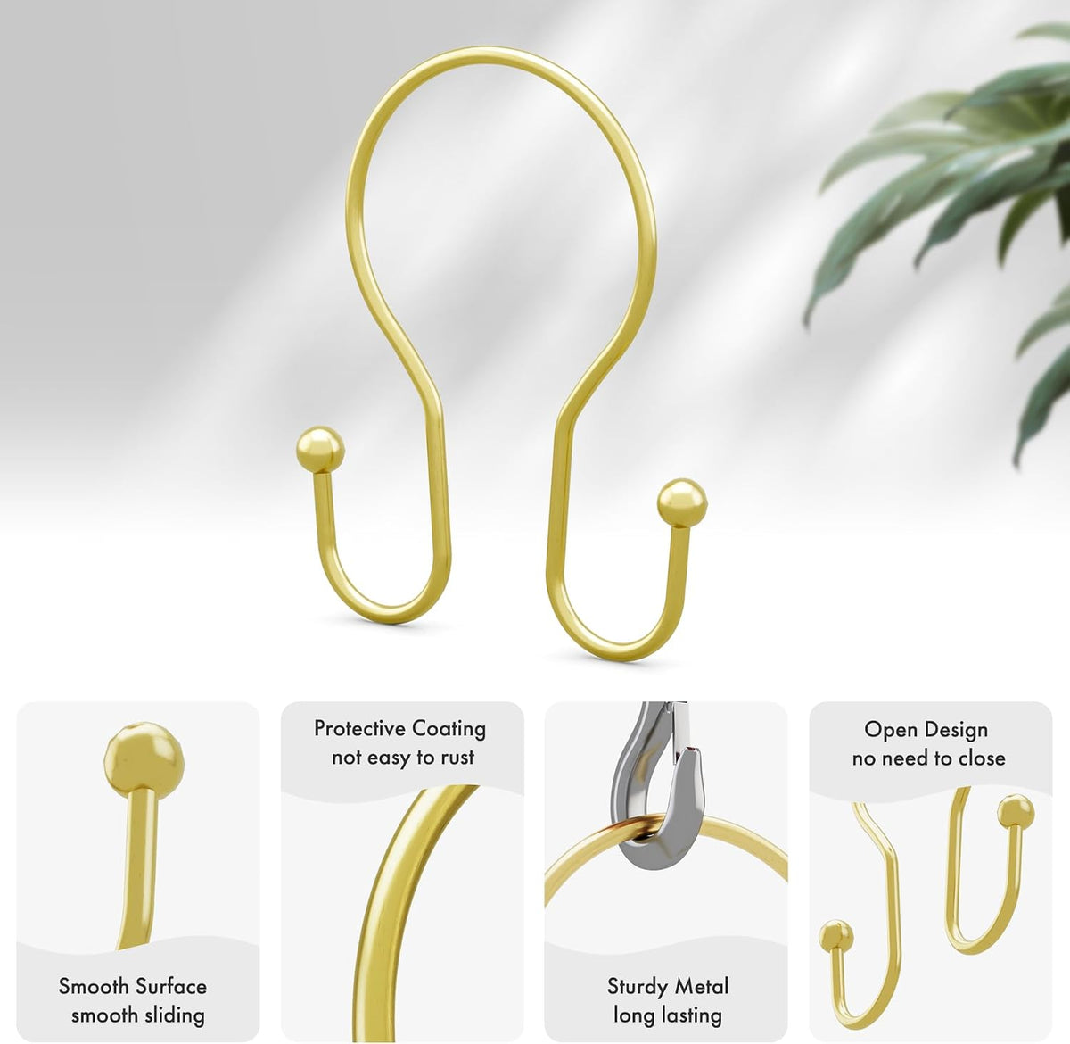 AmazerBath Shower Curtain Hooks Gold Shower Curtain Rings, Simple Double Hook Shower Curtain Hooks Rust Proof, Metal Smooth Shower Hooks for Shower Curtain Rod, 12 Pcs Shower Rod Hook Light Gold