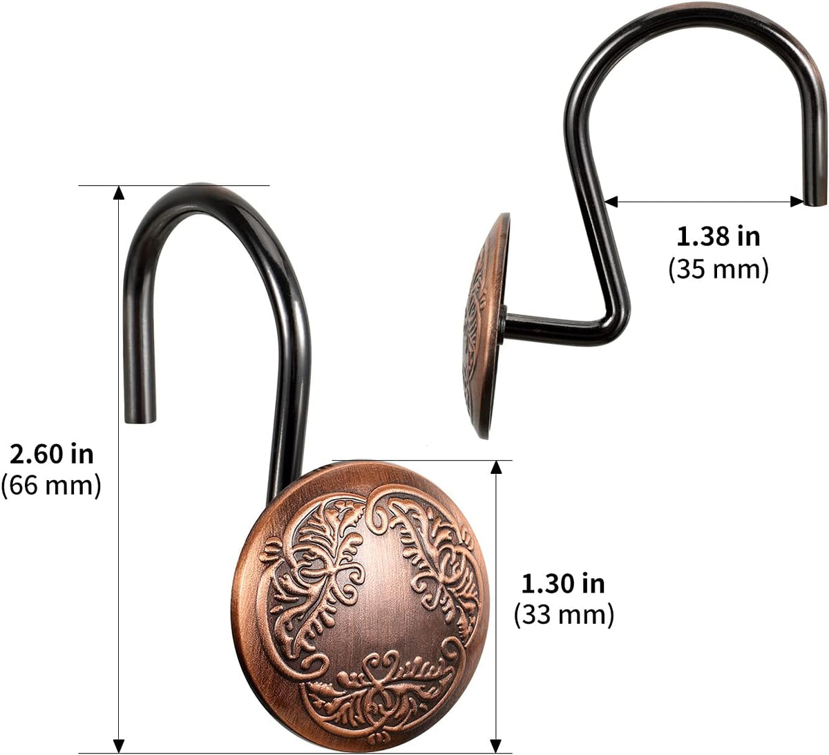Chictie Bronze Shower Curtain Hooks Rings-Oil Rubbed Decorative Shower Curtain Hooks,Set of 12 Metal Rustproof Shower Hangers Rings for Bathroom Curtains Rods Vintage Brown Pattern Design