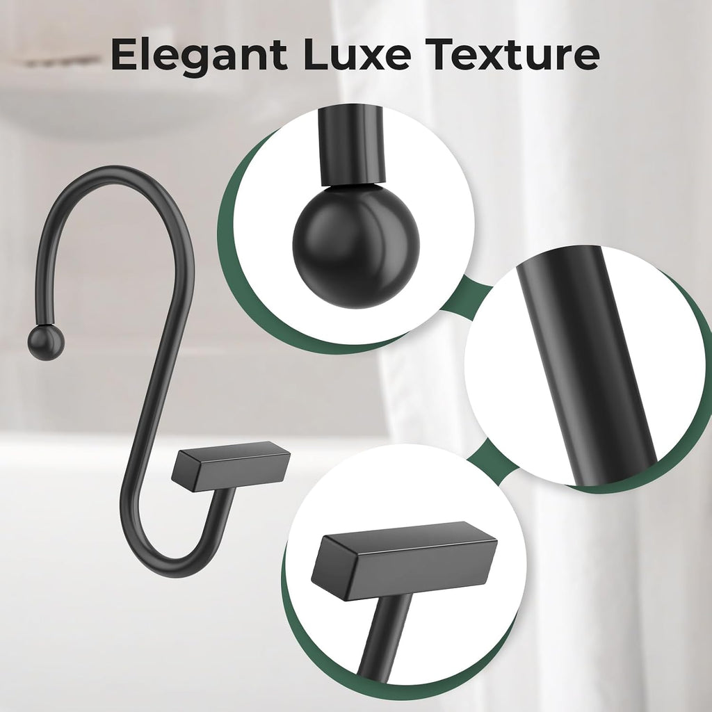 Bathway Shower Curtain Hooks, Black Shower Curtain Rings Rust Proof, 12PCS Shower Hooks for Shower Curtain, T-Bar Design Convenient Elegant Shower Curtain Hangers for Bathroom Kitchen Wardrobe