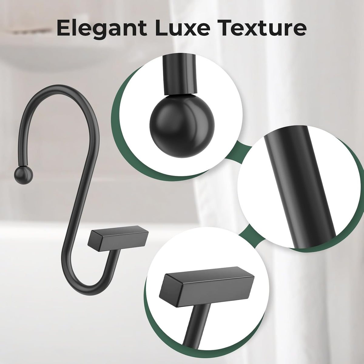 Bathway Shower Curtain Hooks, Black Shower Curtain Rings Rust Proof, 12PCS Shower Hooks for Shower Curtain, T-Bar Design Convenient Elegant Shower Curtain Hangers for Bathroom Kitchen Wardrobe