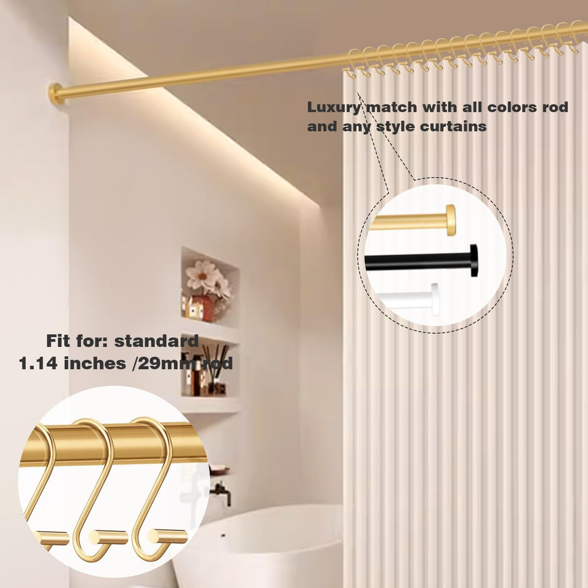 Gracelife Gold Rust Resistant Metal Shower Curtain Rings, Set of 12, T-Bar Hooks for Shower Rod