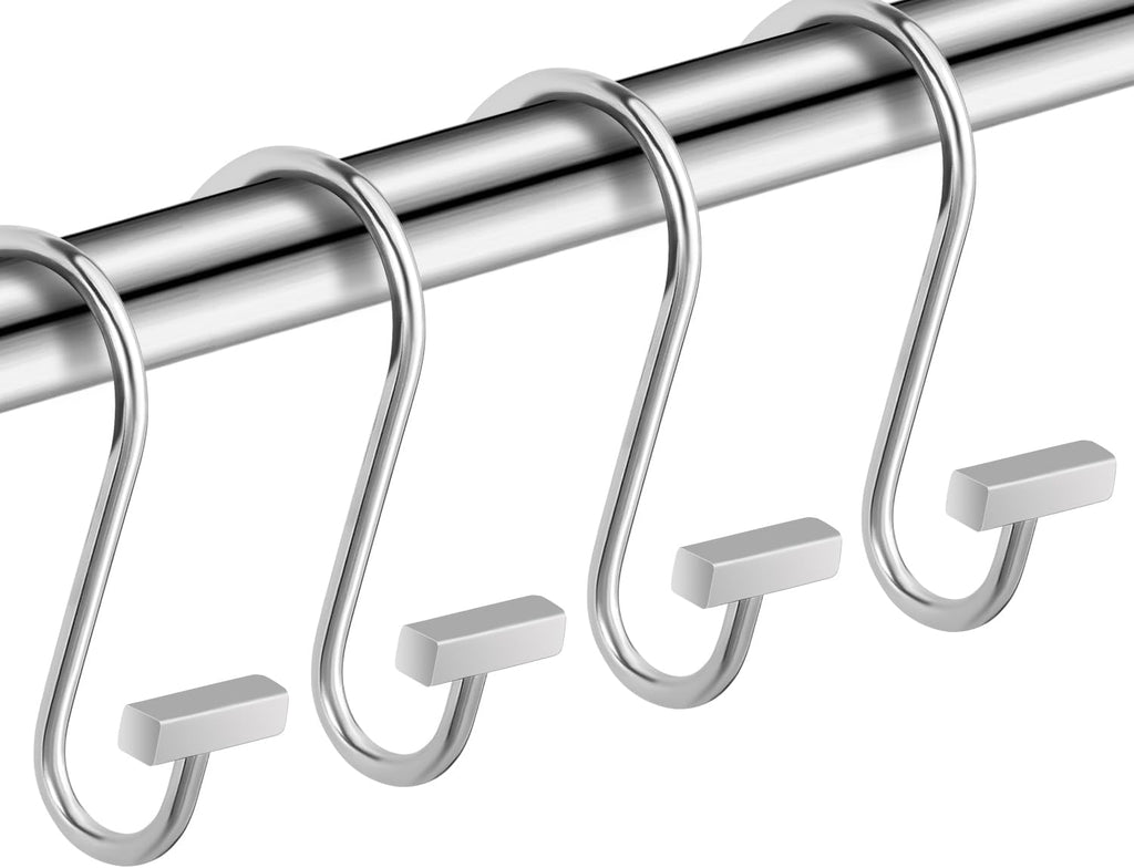 Chrome Shower Curtain Hooks, Polished Silver Shower Curtain Rings for Bathroom, CHICTIE Modern Rustproof Metal Decorative Shower Hooks Hangers for Shower Curtain Rod, Square T Bar Shape Set of 12