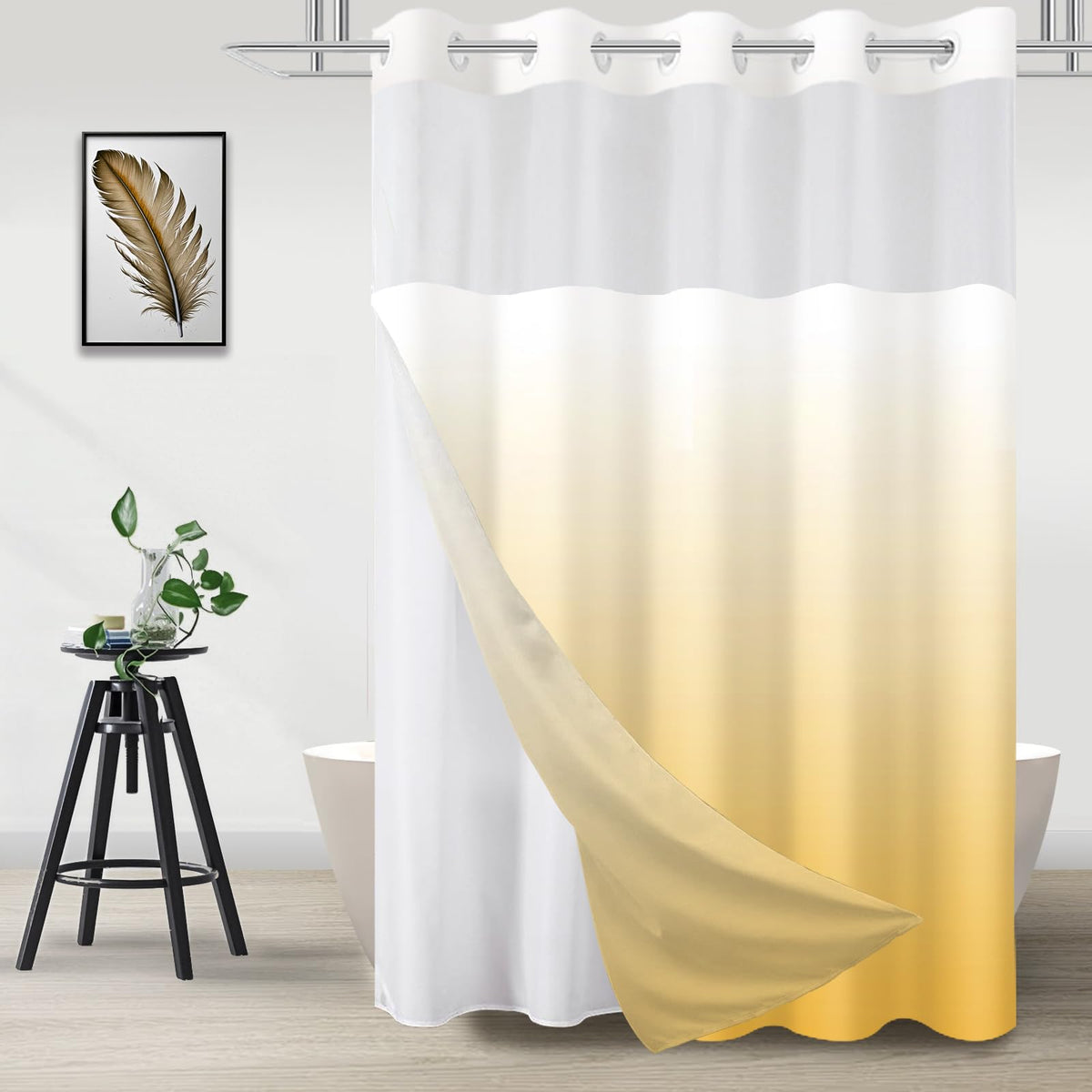 No Hook Shower Curtain and Liner Set, Ombre Black and White, 71x74