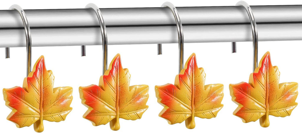 Maple Leaf Shower Curtain Hooks, 12Pcs Thanksgiving Decorative Shower Curtain Hooks, CHICTIE Autumn Fall Leaves Shower Curtain Rings Rustproof for Bathroom Bedroom Room Decor (Deciduous Yellow)