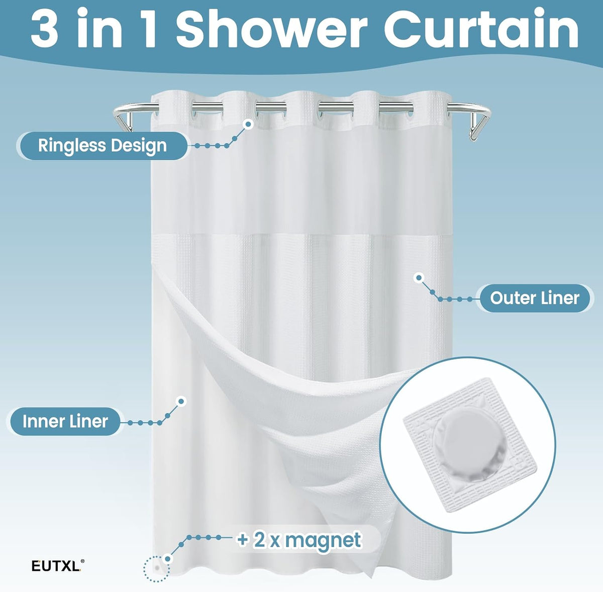 256GSM Heavyweight Ringless Waffle Shower Curtain with Liner, 71x74, White
