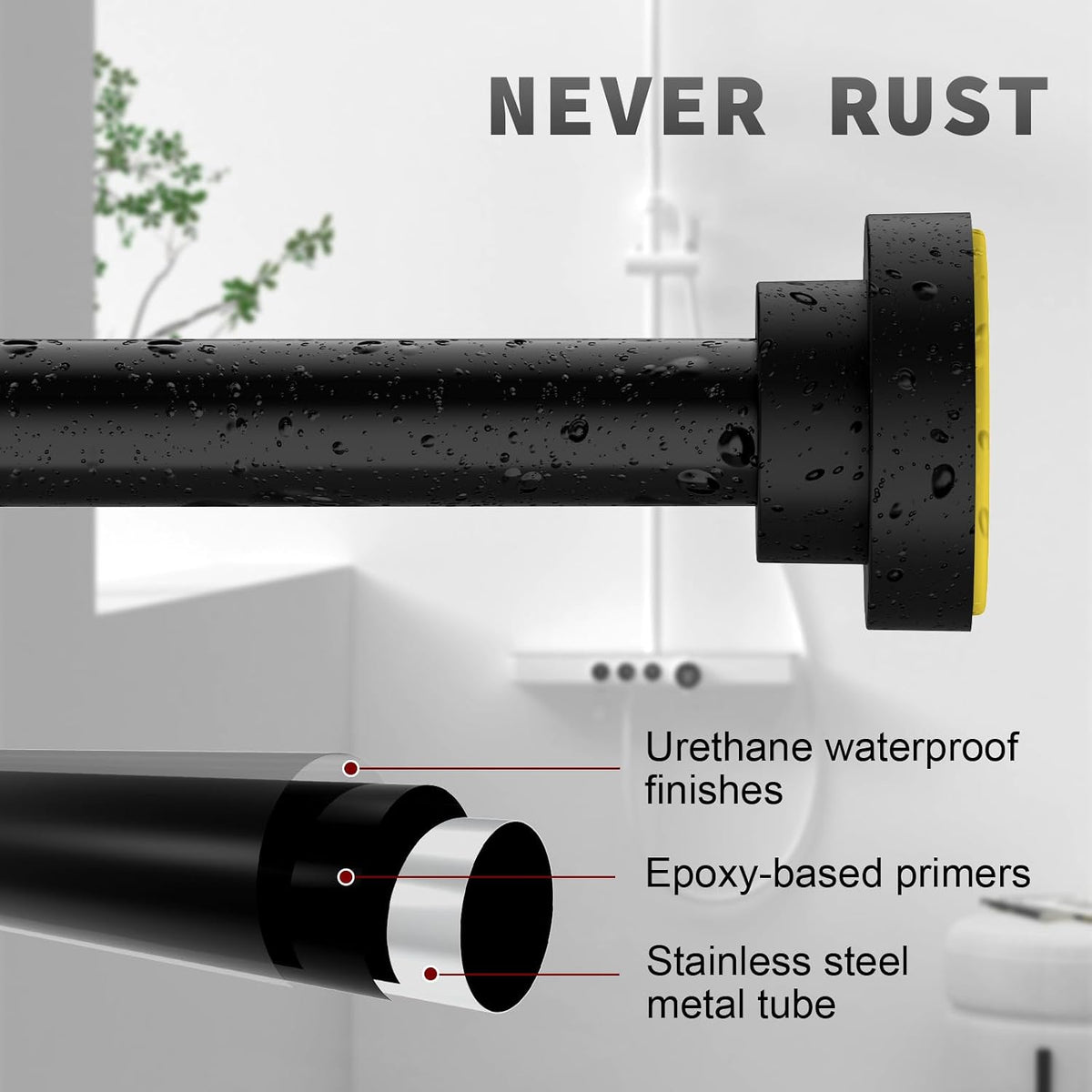 Thestoa Shower Curtain Rod Adjustable 43-78 inch, 1"Diameter Spring Tension Curtain Rod No Drill, Anti-Rust Non-Slip Shower Rod, Black Shower Curtain Rod for Bathroom Tension