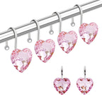 Shower Curtain Hooks Rings for Bathroom, 12PCS Valentines Day Heart Stainless Steel Rust Resistant Decorative Rhinestones Shower Curtain Rings Hangers for Shower Curtains, Clothing, etc.