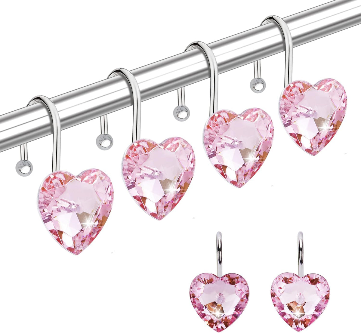 Shower Curtain Hooks Rings for Bathroom, 12PCS Valentines Day Heart Stainless Steel Rust Resistant Decorative Rhinestones Shower Curtain Rings Hangers for Shower Curtains, Clothing, etc.