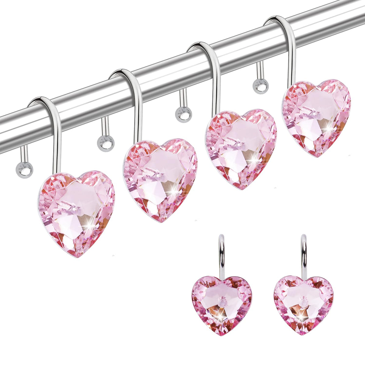 Shower Curtain Hooks Rings for Bathroom, 12PCS Valentines Day Heart Stainless Steel Rust Resistant Decorative Rhinestones Shower Curtain Rings Hangers for Shower Curtains, Clothing, etc.