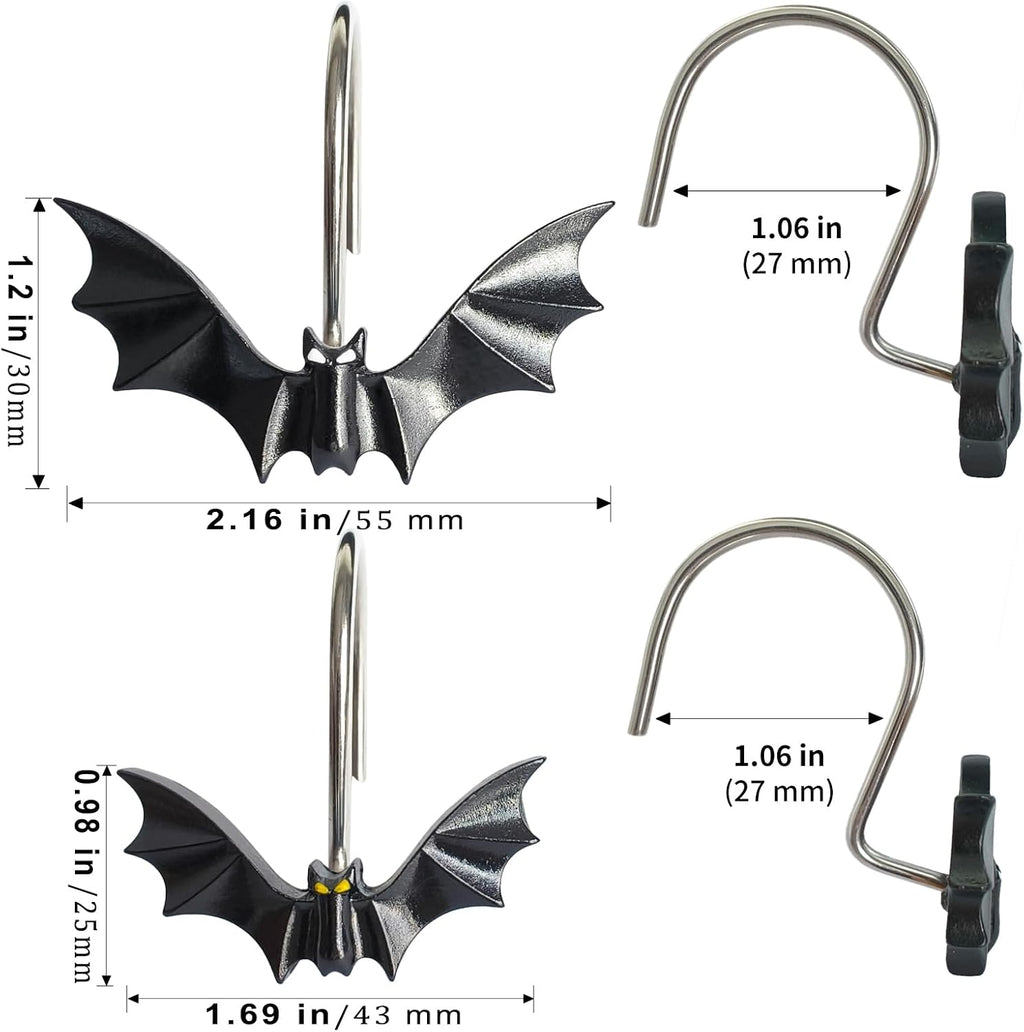 CHICTIE Halloween Shower Curtain Hooks, Cute Bat Decorative Shower Rings for Shower Curtains Rods,Set of 12 Black Shower Hooks Hangers Rust-Resistant Babys Girls Room Bathroom