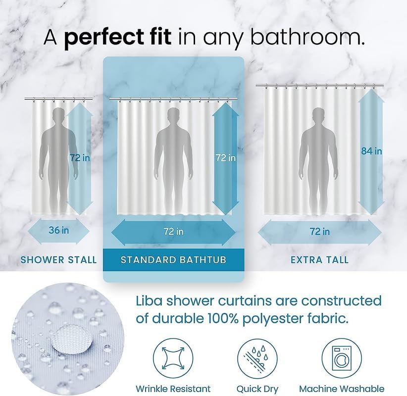 LiBa White Fabric Shower Curtain 72x72 Waterproof Heavy Duty Liner