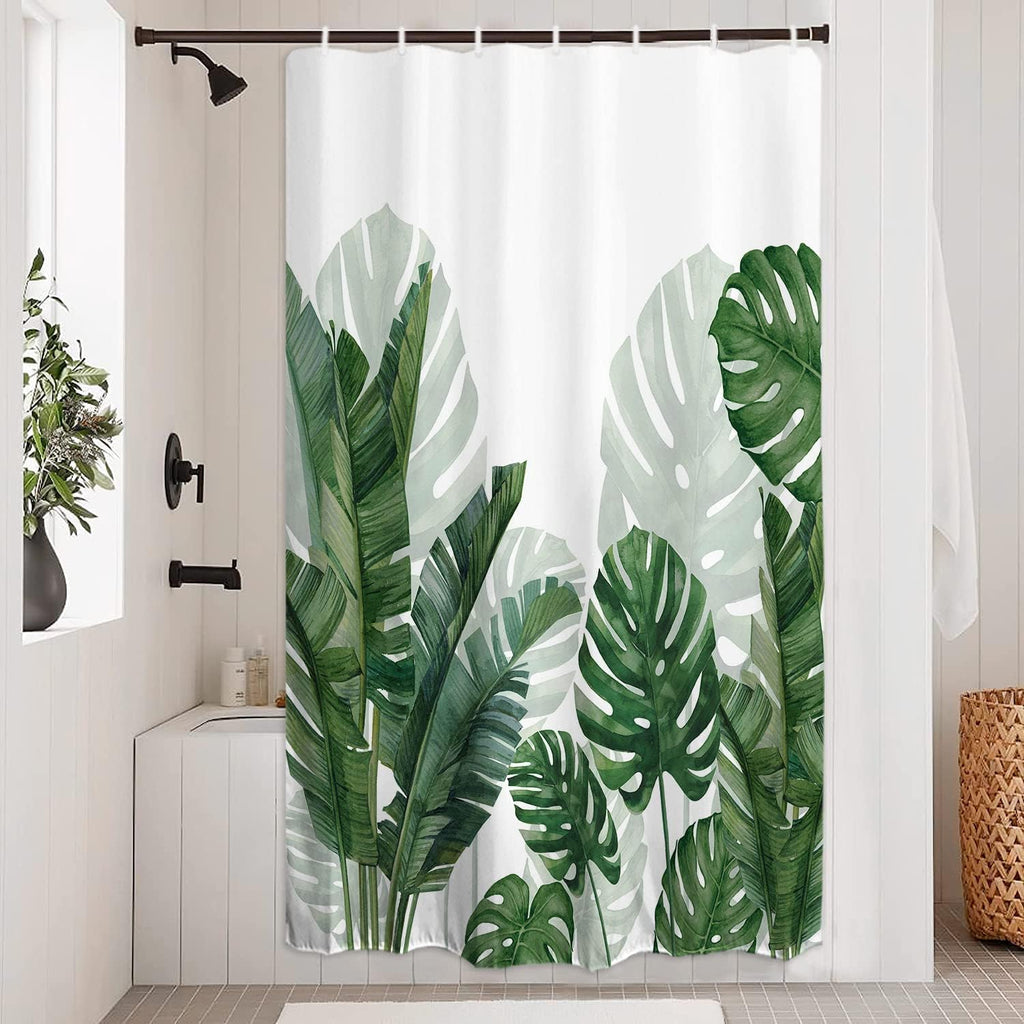 Baccessor Linen Shower Curtain Tropical Green Leaf Shower Curtains Botanical Banana Monstera Leaf Palm Tree Water Repellent Heavy Duty Fabric Cloth Shower Curtain for Bathtubs Hotel 72 W X 72 L Inch