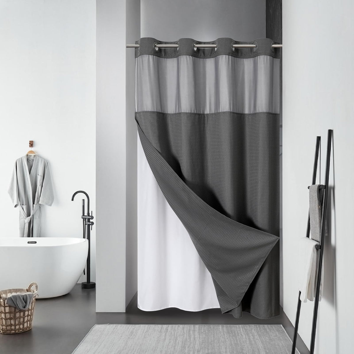 eachope No Hook Waffle Shower Curtain with Snap-in Liner, 71x74 Inch, White