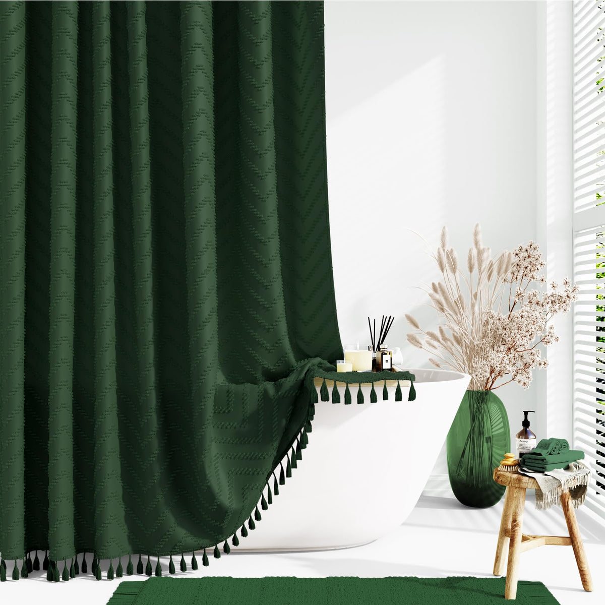 Dynamene Boho Farmhouse Fabric Shower Curtain Tufted Chevron 72"x72" Black