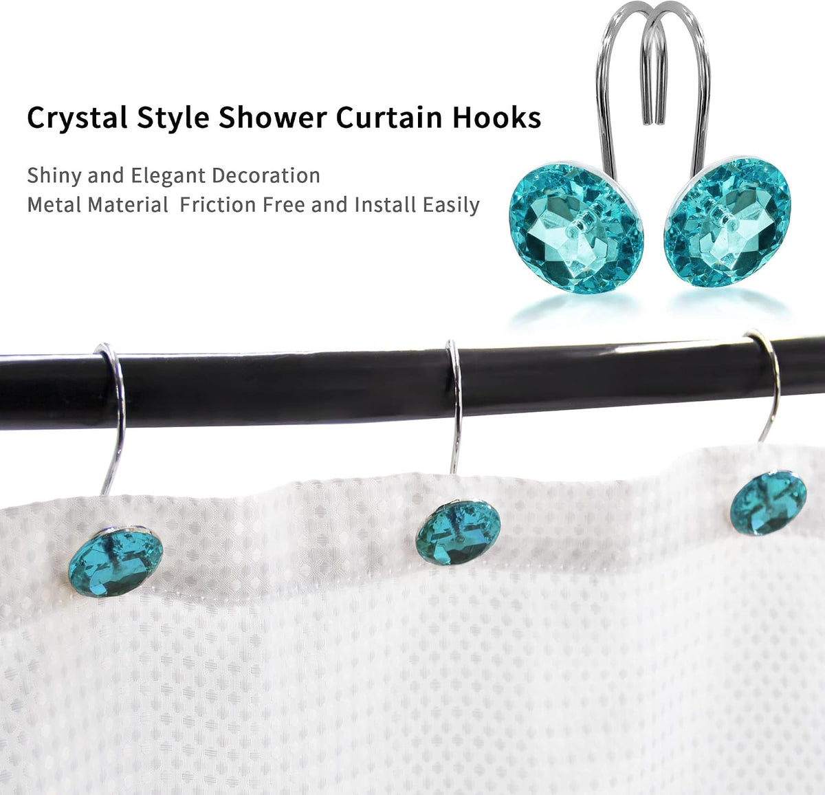 Aqua Diamond Crystal Bling Shower Curtain Hooks Rings for Bathroom,12PCS