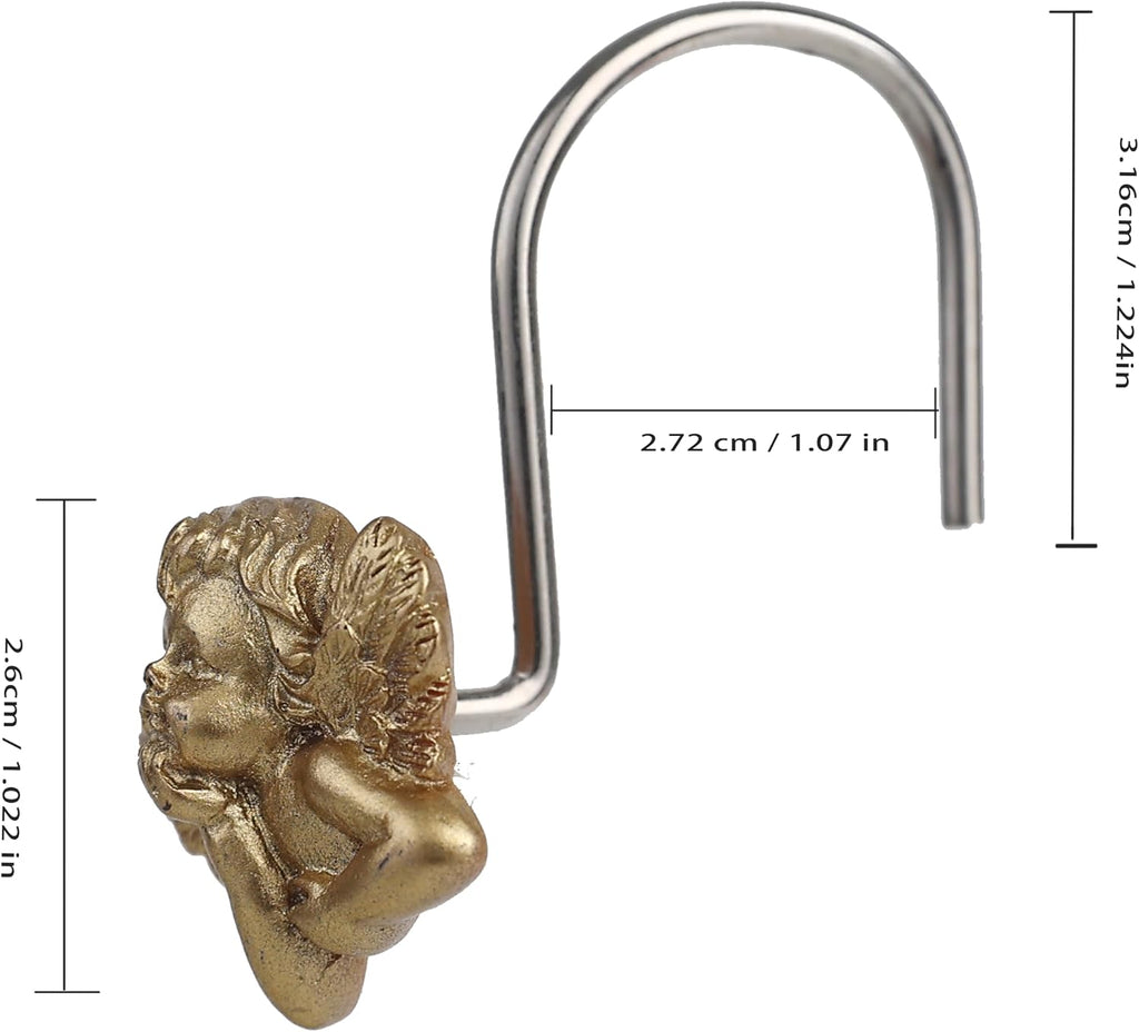 Twofish Home Golden Angel Shower Curtain Hooks Anti Rust Shower Curtain Hooks Decorative Resin Golden Angel Shower Curtain Rings Set of 12