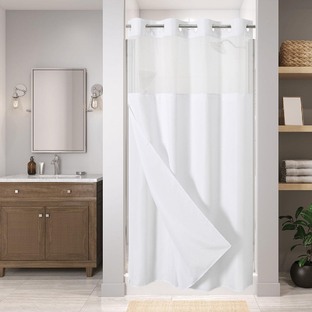 Eachope No Hooks Polyester Textured Shower Curtain with Snap-in Fabric Liner Set, Hotel Luxury Decor Shower Curtains for Bathroom with See Through Top Window, Waterproof & Washable, 71Wx74H, Cream