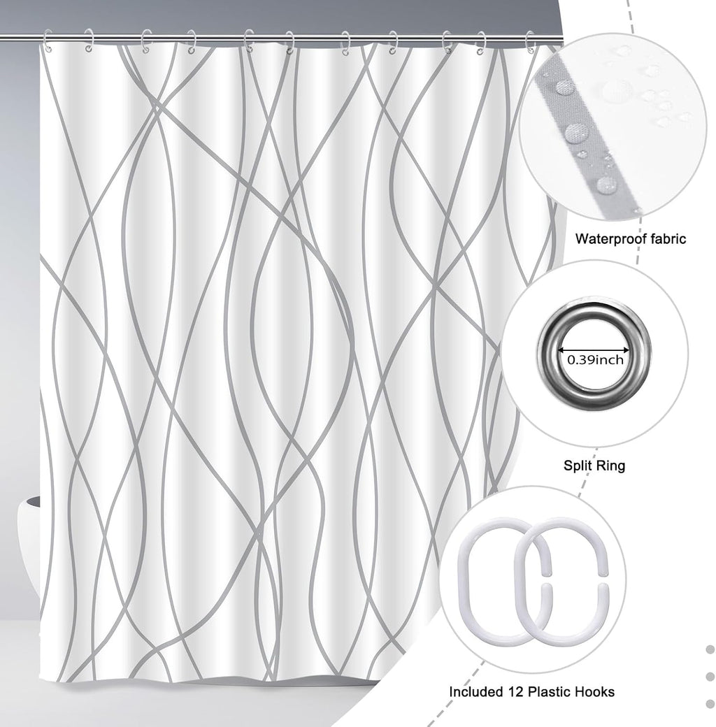 Striped Shower Curtain for Bathroom, Grey White, 72" W x 72" L