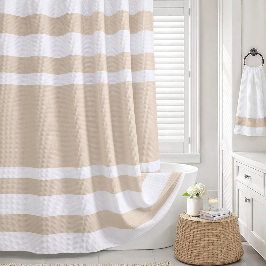White Waffle Weave Shower Curtain 258GSM Heavyweight Cotton Fabric 72Wx72L