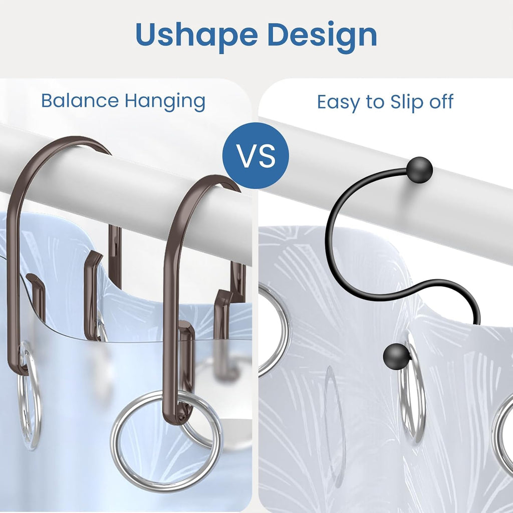 Bronze Shower Curtain Hooks Rings，Double Sided Shower Curtain Hooks Rust Proof，12 pcs Shower Hooks for Inside Shower，Smooth Sliding Anti-Drop Double Shower Rings for Curtain