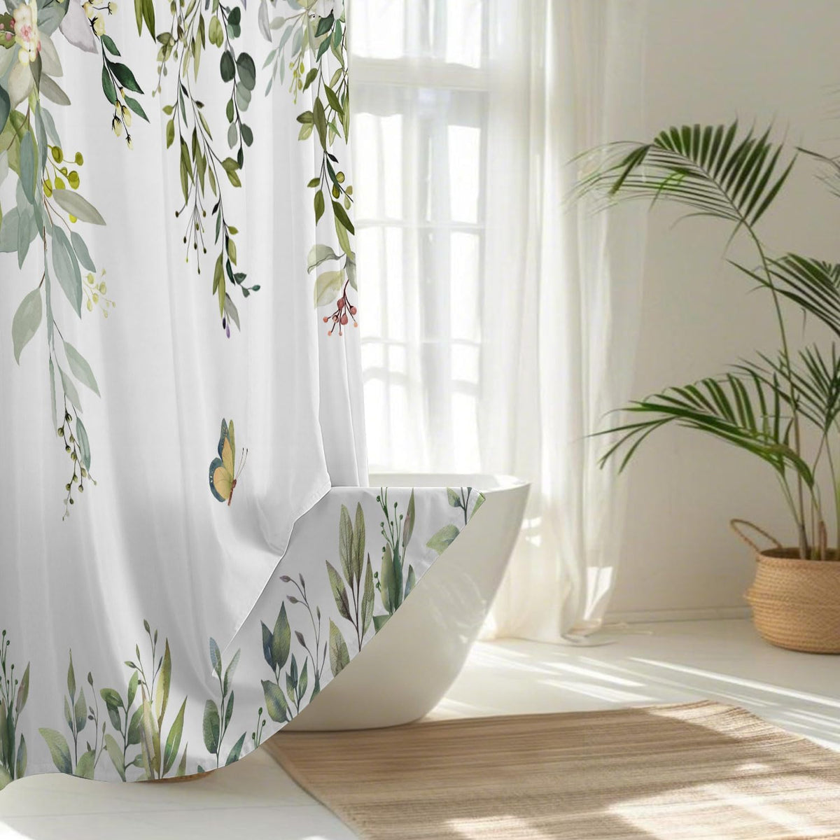 No Hook Shower Curtain and Liner Set, Sage Green Eucalyptus 71x74
