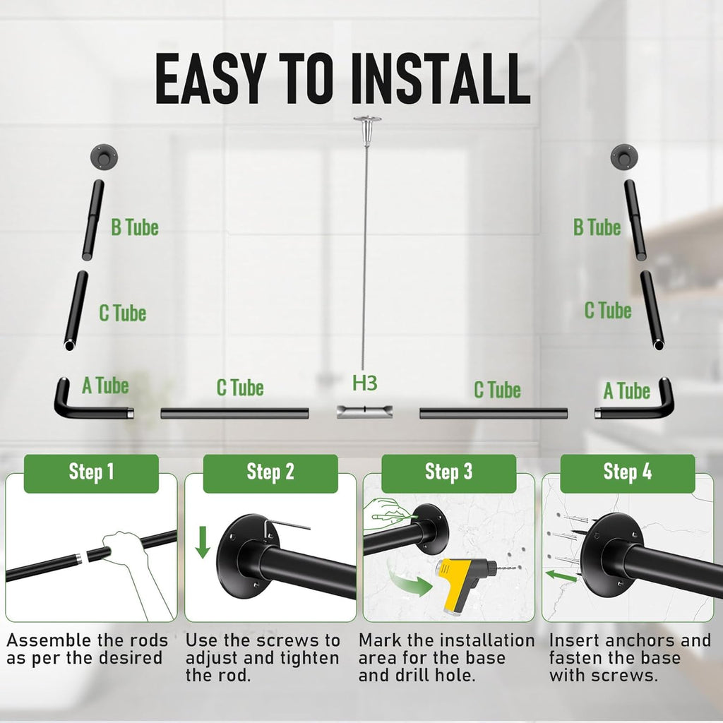 U Shaped Shower Curtain Rod, [Both Sides: 23"-52", Middle: 31"-46.5"] Adjustable U Shape Shower Rod Black Outdoor Corner Curtain Pole for Bathroom Bathtub with Ceiling Support & 12 Hooks