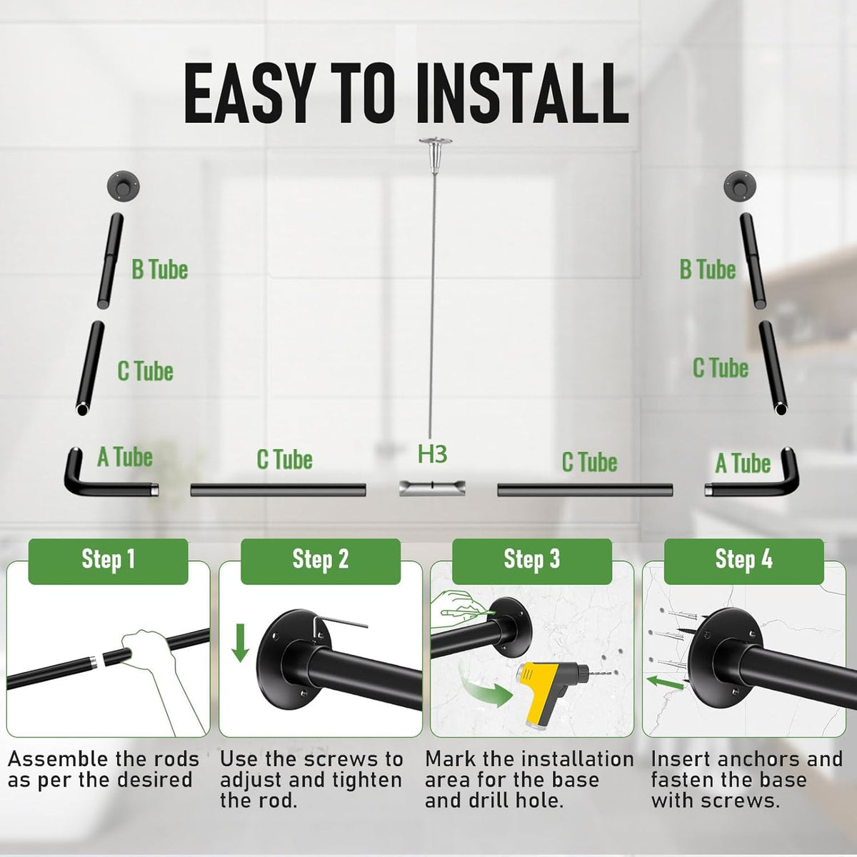 U Shaped Shower Curtain Rod, [Both Sides: 23"-52", Middle: 31"-46.5"] Adjustable U Shape Shower Rod Black Outdoor Corner Curtain Pole for Bathroom Bathtub with Ceiling Support & 12 Hooks