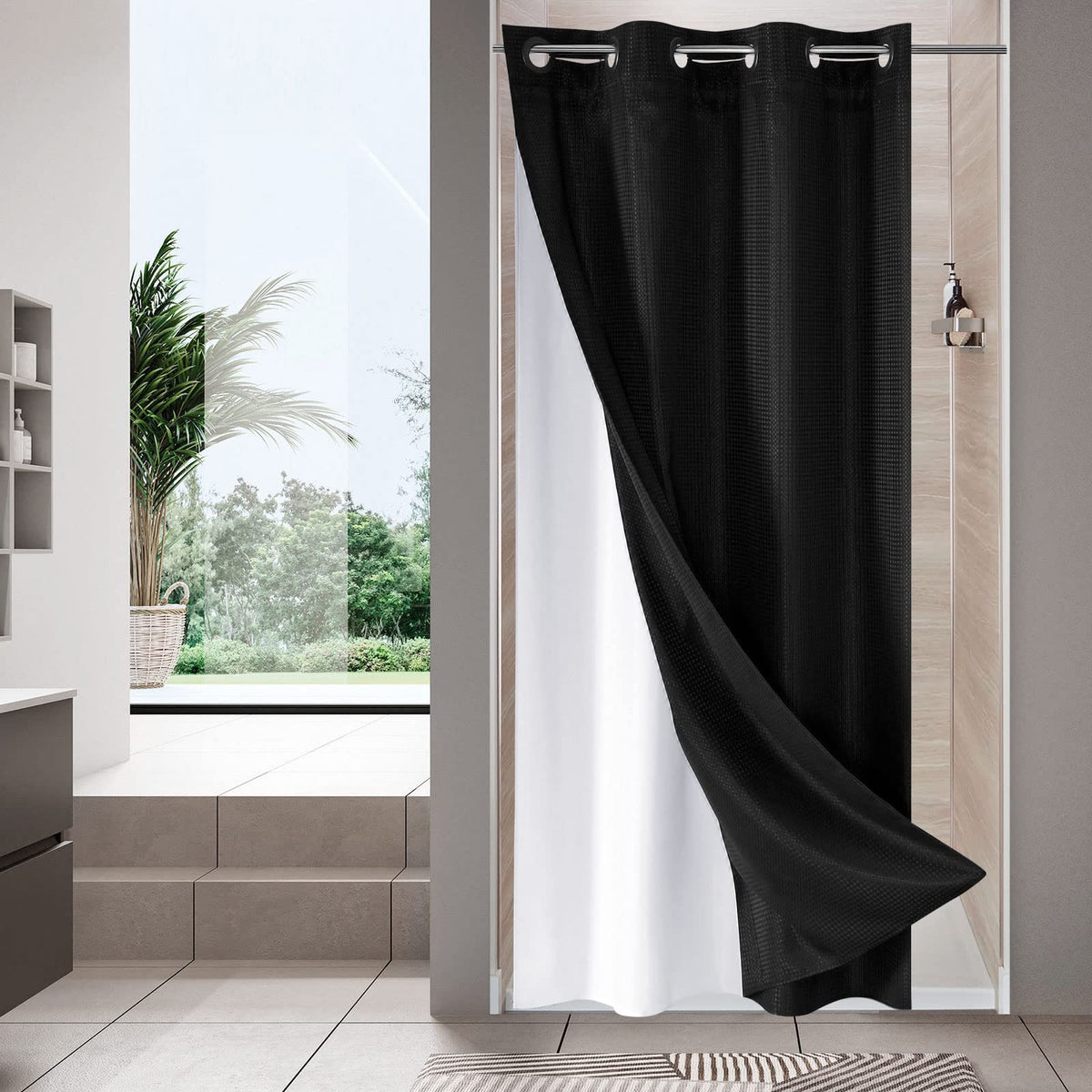 No Hook Weave Fabric Shower Curtain with Snap-in Liner White,72x74