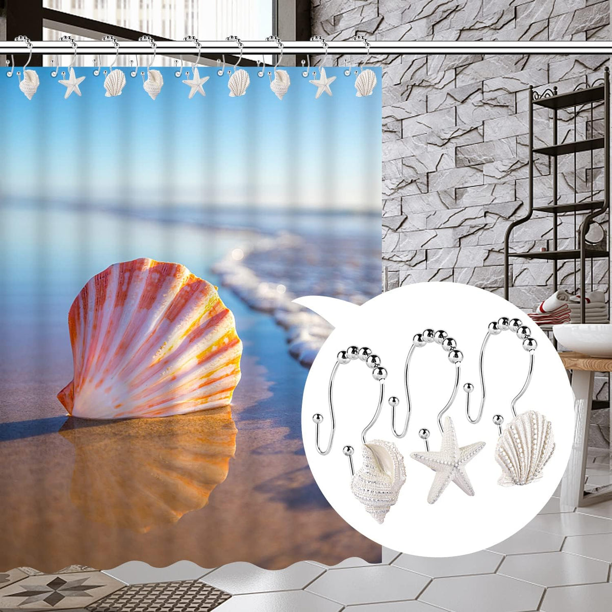 Decorative Shower Curtain Hooks,12 Pcs Seashell Double Shower Curtain Hooks