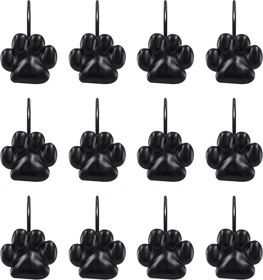 Sunlit Fashion Design Cute Paw Print Polished Shower Curtain Hooks for Dog Cat and Bear, Rust Proof Oil Metal Shower Curtain Rings, Black-12 Pack
