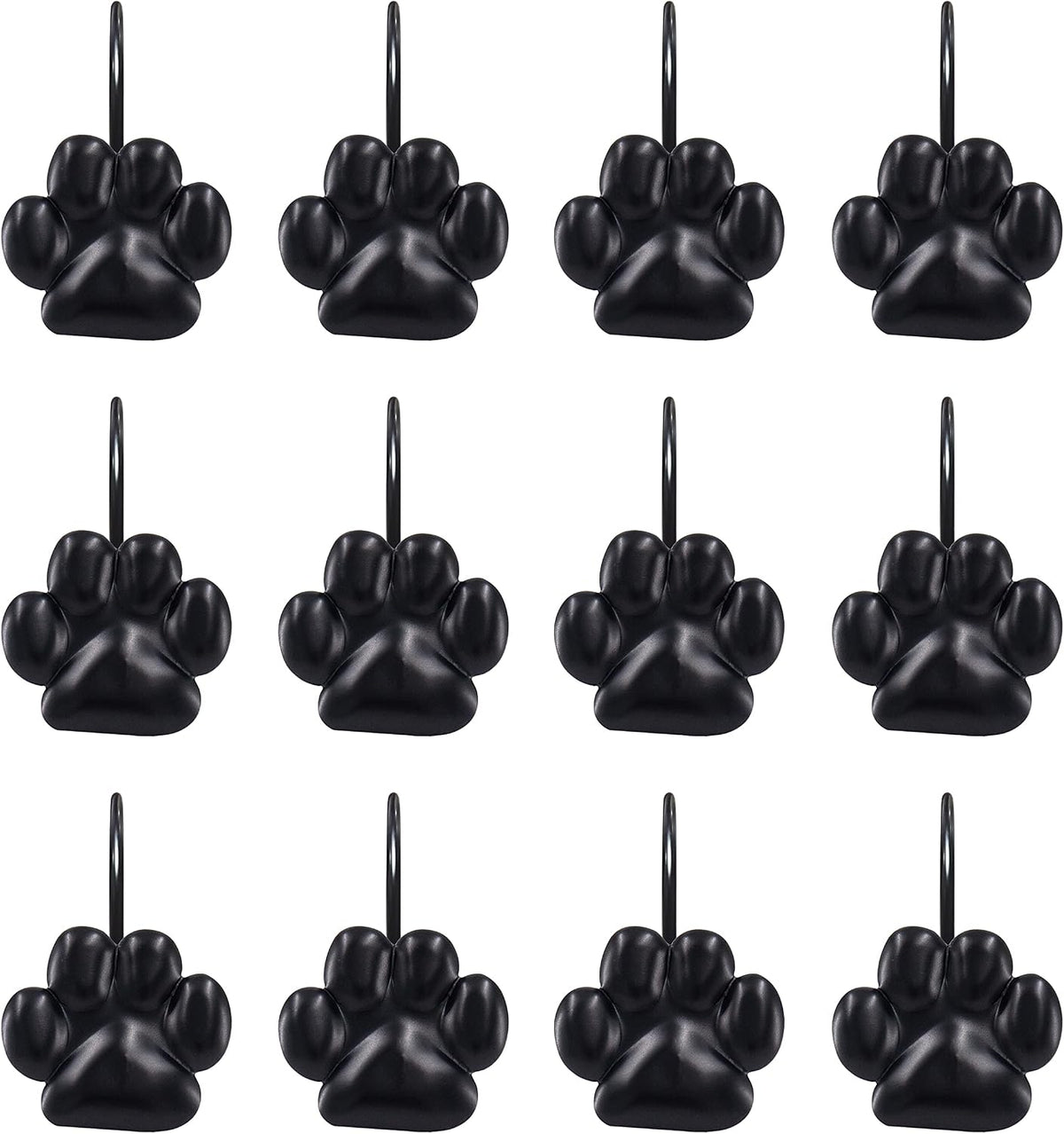 Sunlit Fashion Design Cute Paw Print Polished Shower Curtain Hooks for Dog Cat and Bear, Rust Proof Oil Metal Shower Curtain Rings, Black-12 Pack