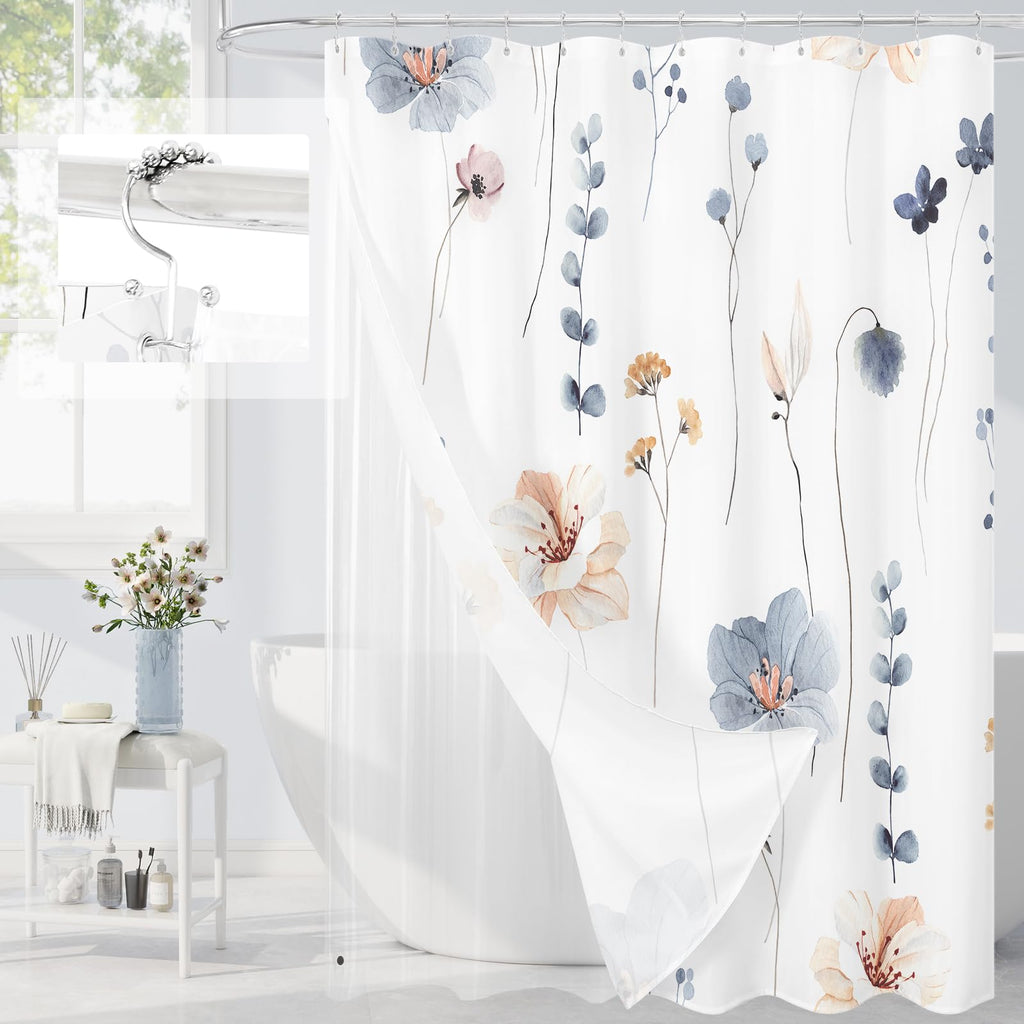 Gibelle 3 in 1 Sage Green Watercolor Floral Shower Curtain Liner Set, 72x72