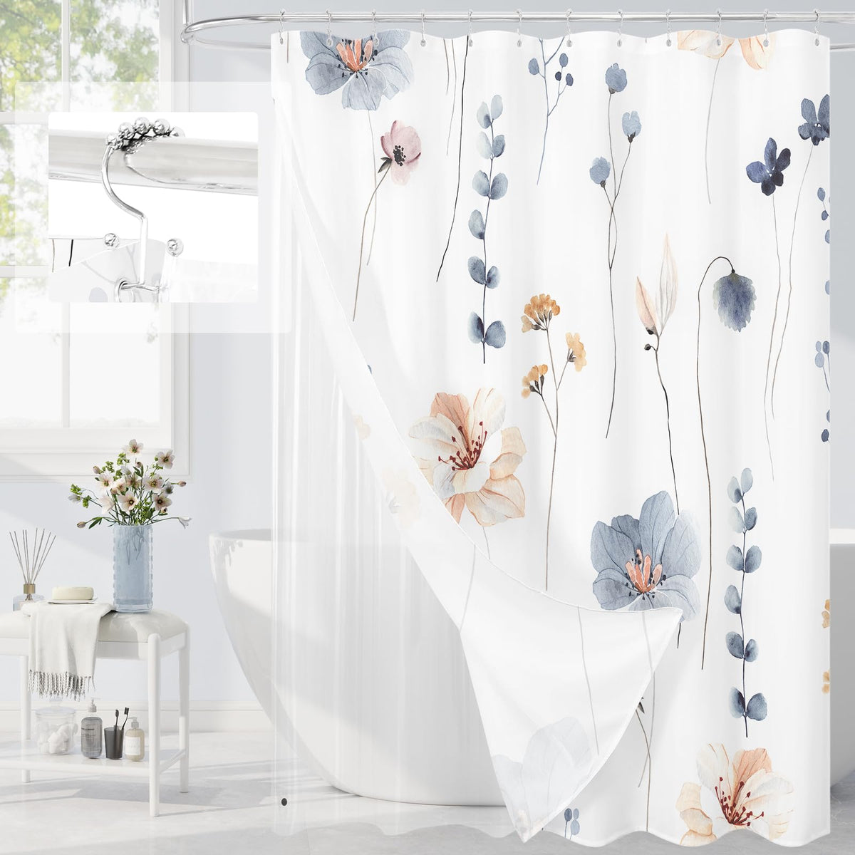 Gibelle 3 in 1 Sage Green Watercolor Floral Shower Curtain Liner Set, 72x72