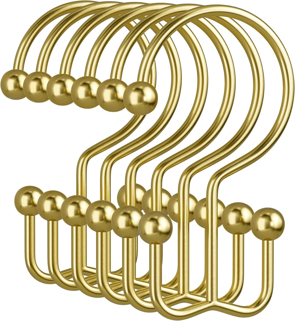 Amazer Gold Shower Curtain Hooks, 12PCS Minimalist Simple Double Shower Curtain Rings, Rust-Resistant Metal Shower Hooks Shower Curtain Hangers, Shower Rings for Bathroom Shower Rods Curtains
