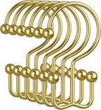 Amazer Gold Shower Curtain Hooks, 12PCS Minimalist Simple Double Shower Curtain Rings, Rust-Resistant Metal Shower Hooks Shower Curtain Hangers, Shower Rings for Bathroom Shower Rods Curtains