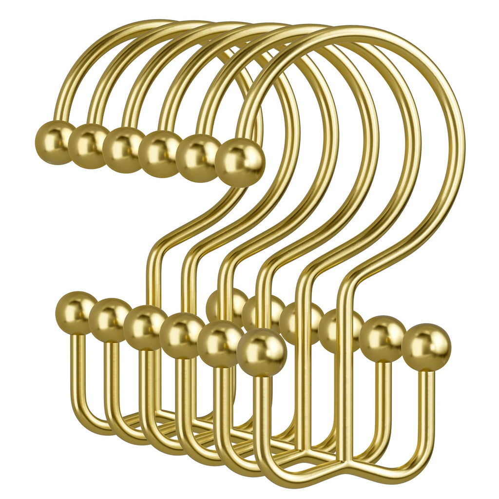 Amazer Gold Shower Curtain Hooks, 12PCS Minimalist Simple Double Shower Curtain Rings, Rust-Resistant Metal Shower Hooks Shower Curtain Hangers, Shower Rings for Bathroom Shower Rods Curtains