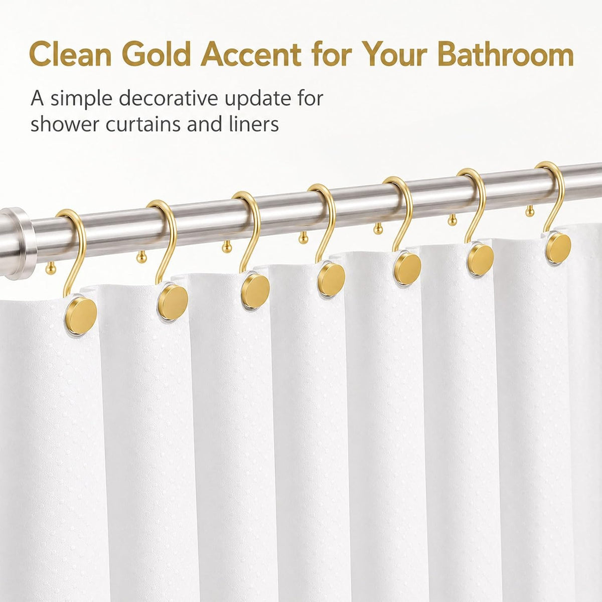 Gold Shower Curtain Hooks, 12 Pack S-Shaped Iron Rings for Bathroom Curtains and Liners, Decorative Metal Shower Hooks for Grommet Curtains, Easy Hanging