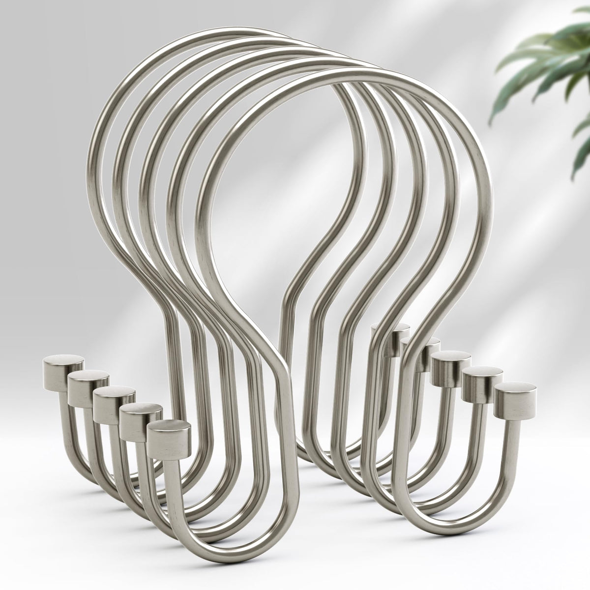 AmazerBath Shower Curtain Hooks Brushed Nickel Shower Curtain Rings, Simple Double Hook Shower Curtain Hooks Rust Proof, Smooth Glide Metal Shower Hooks for Shower Curtain, 12Pcs Shower Rod Hooks